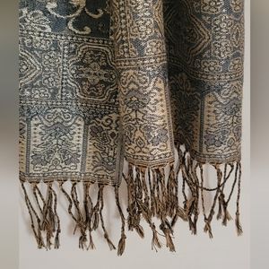 Pashmina Fringed Lightweight Scarf Gray Blue & Gold 72"